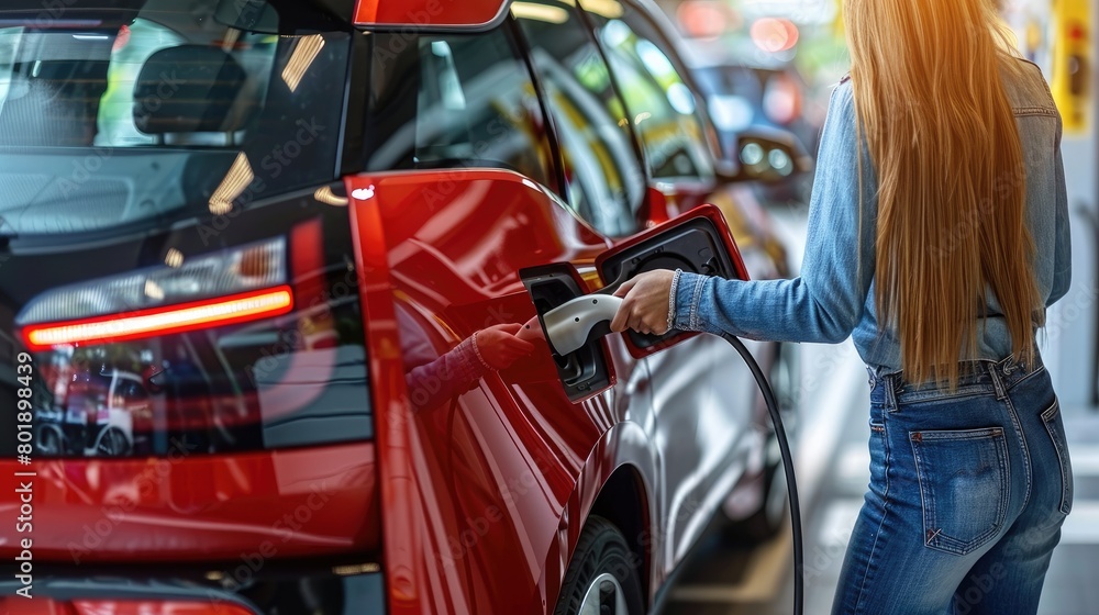 A woman plugging her electric car at her home, Sustainable and electric transportation A woman plugging her electric car at her home, Sustainable and electric transportation
