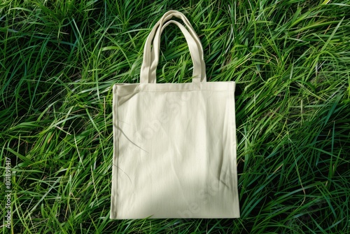 Mockup of a white tote bag laying on grass, White cotton or mesh eco bag on green grass photo