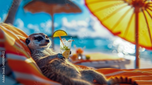 A meerkat in human clothes lies on a sunbathe on the beach, on a sun lounger, under a bright sun umbrella, drinks a mojito with ice from a glass glass with a straw, smiles, summer tones, bright rich c