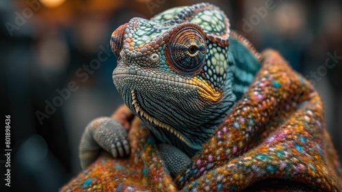 Chic chameleon blends into cityscape in tailored elegance  embodying street style. The realistic urban backdrop captures the reptilian charm seamlessly merged with contemporary fashion allure  creatin