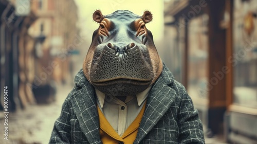 Fashionable hippopotamus graces city streets in tailored elegance, epitomizing street style. The realistic urban backdrop frames this large mammal, seamlessly merging aquatic allure with contemporary  photo
