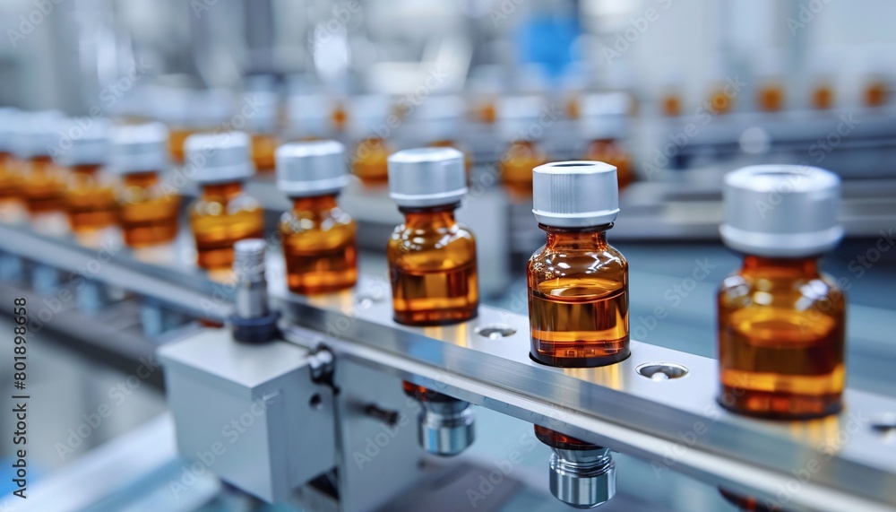 Glass bottles in production in the tray of an automatic liquid dispenser, a line for filling medicines against bacteria and viruses, antibiotics and vaccines. Glass bottles in production in the tray of an automatic liquid dispenser, a line for filling medicines against bacteria and viruses, antibiotics and vaccines.