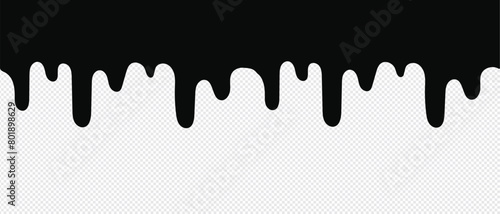 Black Melt Drips, Liquid Paint Drops seamless element vector. Isolated melted dripping liquid on background. Flowing, spilled, drop, splash, leak concept. transparent background. Vector illustration. 