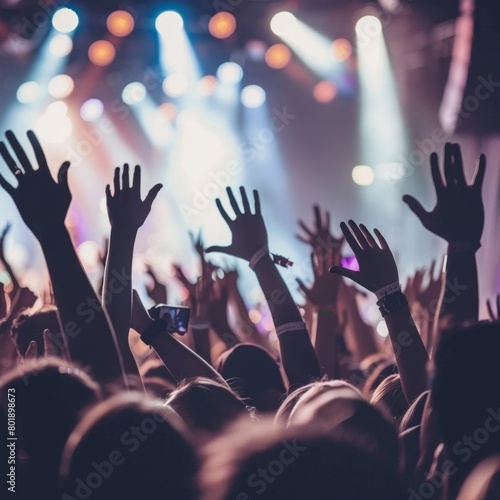 A crowd of people are at a concert, with their hands raised in the air