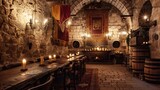 Gothic castle-inspired wine tasting room with stone walls, medieval tapestries, and candlelit ambiance.