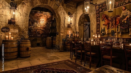 Gothic castle-inspired wine tasting room with stone walls, medieval tapestries, and candlelit ambiance. photo