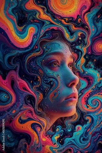 a young girl with the psychedelic art style