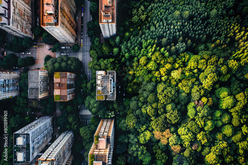 An aerial view depicting city skyscrapers on one side and a lush green forest park on the other.