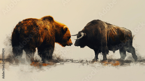 Artistic confrontation between a bear and a bison in a dust-covered wild landscape, depicted in warm tones