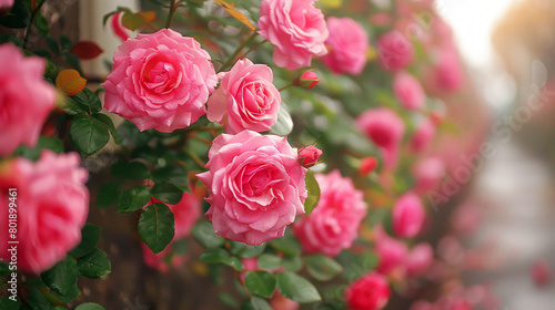 Pink roses blooming on a fence with soft focus on a sunny day  highlighting natural beauty and growth