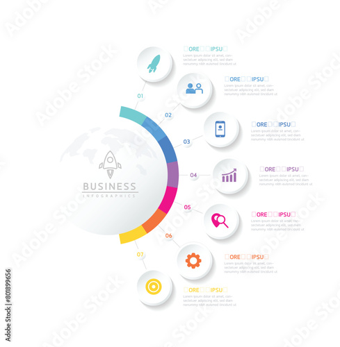 Vector infographic business presentation template with circular interconnection with 7 options.