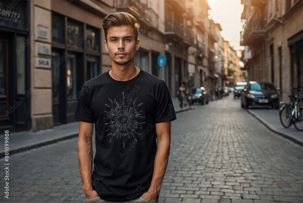 young man standing on the street wearing black T-shirt, fashion smiling young man standing on the street wearing black T-shirt, fashion smiling