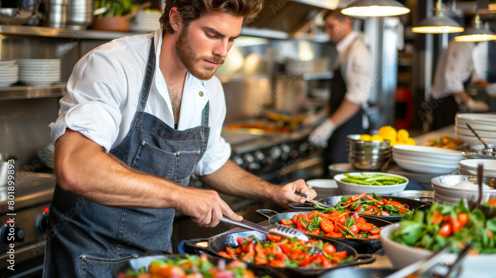 A group of chef in uniform preparing delicious food for her cooking venture. Good job enviroment. Cook decorating a plate. Portrait of professional responsible chef during carrying out daily duty. 