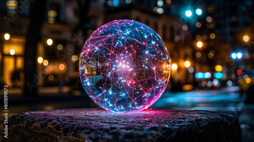 a colorful, pink and purple, long exposure photo of an abstract sphere made from light trails