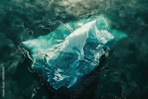 An aerial view of icebergs floating on the surface of the Arctic Ocean.