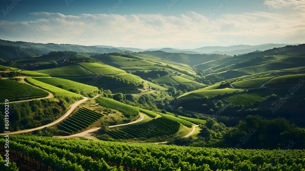 Fototapeta premium Lush vineyards stretching across rolling hills,