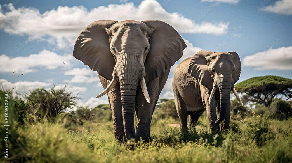 Fototapeta premium Majestic elephants roaming freely in a protected reserve,