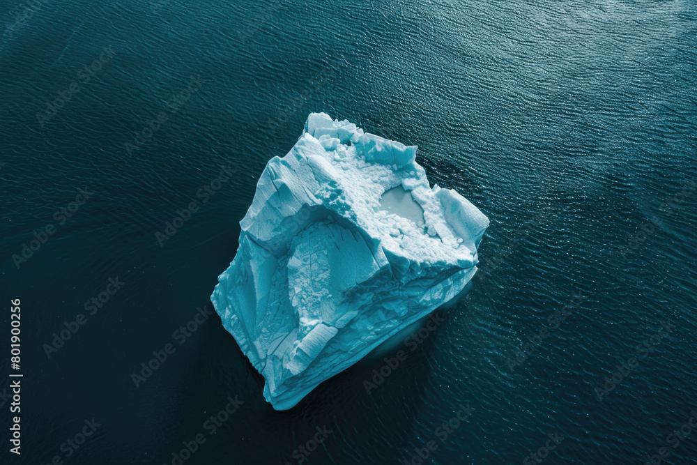 An aerial view of icebergs floating on the surface of the Arctic Ocean.