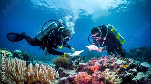 Marine biologists studying coral reefs, photo