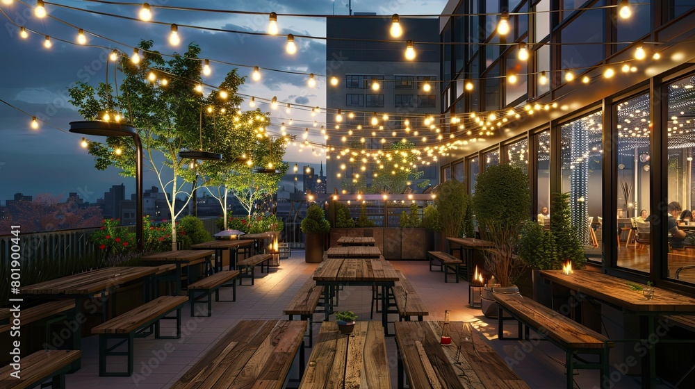 Modern urban rooftop beer garden with communal tables, string lights, and craft beer on tap.