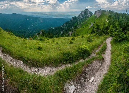 Hiking trail under rocks. Ostra peak in Big Fatra and Turiec basin, Slovak republic. Seasonal natural scene. Travel destination. © Ivan