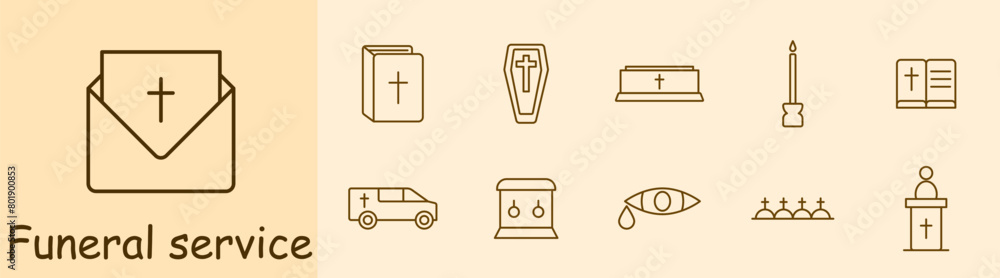 Obraz premium Seth Icon Funeral Home. Bible, cross, religion, Christianity, coffin, funeral, memorial, candle, sermon, hearse, mourners, graves, funeral service, letter, envelope. Burial concept.