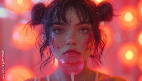 A girl with short hair tied in two buns stood and ate a large, brightly colored lollipop, her cheeks smeared with chocolate stains, yuck, generative ai photo