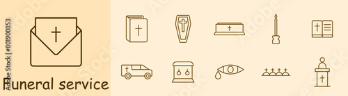 Seth Icon Funeral Home. Bible, cross, religion, Christianity, coffin, funeral, memorial, candle, sermon, hearse, mourners, graves, funeral service, letter, envelope. Burial concept.