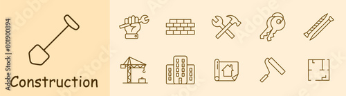 Construction set icon. Shovel, key, hand, wall, brick, hammer, cross, bunch of keys, nail, screw, crane, houses, construction plan, roller, painting, apartment layout. Building concept.