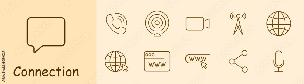 Connection set icon. Chat, phone, call, communication, video camera, antenna, network, globe, Internet, website, WWW, window, link, share icon, microphone. Internet communication concept. Connection set icon. Chat, phone, call, communication, video camera, antenna, network, globe, Internet, website, WWW, window, link, share icon, microphone. Internet communication concept.