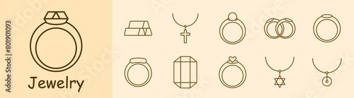 Jewelry set icon. Ring, diamond, adamant, cross, wedding rings, gemstone, luxury, heart, gift, chain, annulus, hoop, emerald, amethyst, sapphire. Expensive gifts concept.