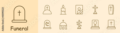 Funeral set icon. Grave, cross, Christianity, faith, burial, mound, candle, flame, portrait, ritual photo on monument, coffin, Turkish funeral traditions, temple, funeral slab. Obsequies concept.