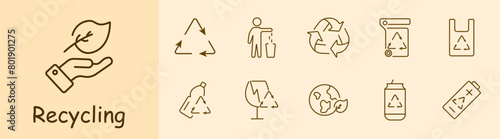 Ecology set icon. Recycling, plastic, reuse, glass, garbage, environmental pollution, bionomics, battery, lithium battery, hand and leaf, bottle. Environment care concept.