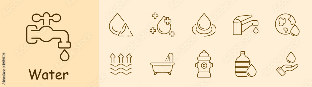 Water set icon. Faucet, aqua, recycling, improvement, cross, drop, ocean, water balance, water level, tap, crane, world, earth, planet, bathroom, hydrant, water bottle. Environment care concept.