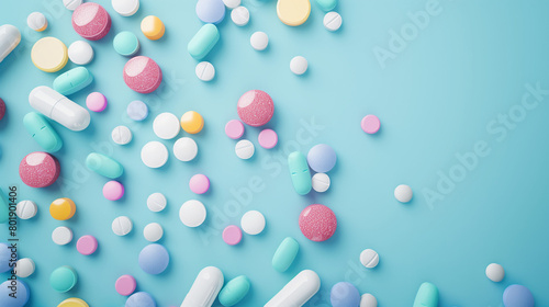 A background illustration for a medical guide website featuring an assortment of pills arranged in a visually appealing layout. The pills are organized neatly, creating a sense of order and profession