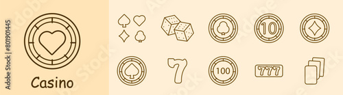 Casino set icon. Coin, chip, bet, card suits, dice, spades, diamonds, hearts, crosses, dibs, 777, cards, win, stake, risks, excitement, ardor, passion, doubling. Gambling concept.