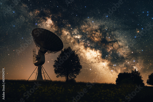 photo against the backdrop of the shimmering Milky Way, a powerful telescope for astronomy and a big scientific observatory satellite antenna dish await their next cosmic discovery