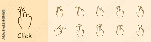 Click set icon. Press, double touch, swipe left and right, hold, 3D touch, hold, hold, swipe with two fingers, smart movement, scroll, move. Abstract gestures concept.