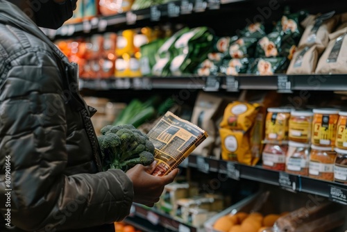 Person checking food labels for allergens, responsible management of dietary restrictions photo