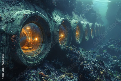 Underwater research facility, wideangle, fisheye lens, exterior lights revealing marine life photo