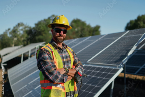 Confident electrician with solar panels in sunny rural setting