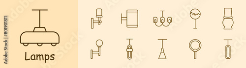 Icon set lamps. Lamps, fixtures, lighting, light, chandelier, luminous sign, light bulb, illumination, lantern, variety, tube, illuminator, glow, luster. Choice concept.