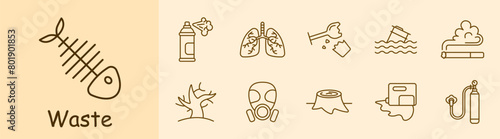 Waste set icon. Fish skeleton, refuse, tailings, cheeseparings, spray can, paint, lungs, glass, plastic, garbage in water, environmental pollution, gas mask, dead tree, wood cutting. Refuse concept.