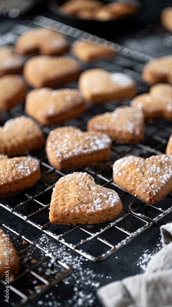 Heart-shaped cookies on a cooling rack, dusted with sugar, perfect for Valentine's Day. Heart-shaped cookies on a cooling rack, dusted with sugar, perfect for Valentine's Day.