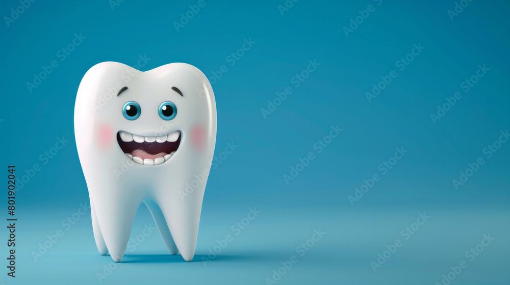 Smiling cartoon tooth character on a vibrant blue background Smiling cartoon tooth character on a vibrant blue background