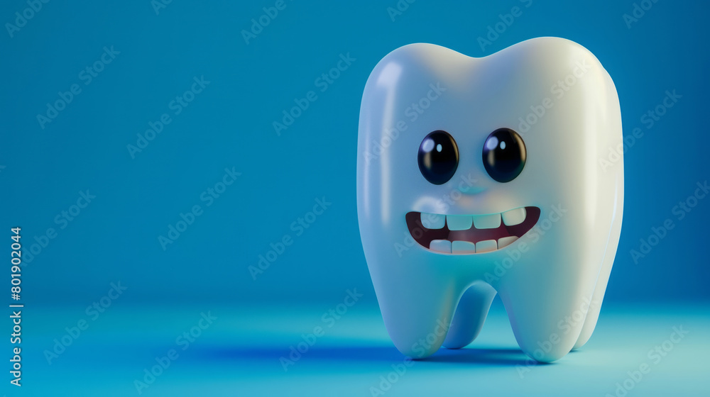 Cheerful cartoon tooth character on vibrant blue background Cheerful cartoon tooth character on vibrant blue background