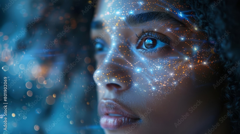 Enhance the beauty of this woman with glowing freckles and show the circuitry of her cybernetic enhancements. Make her gaze captivating and mysterious.