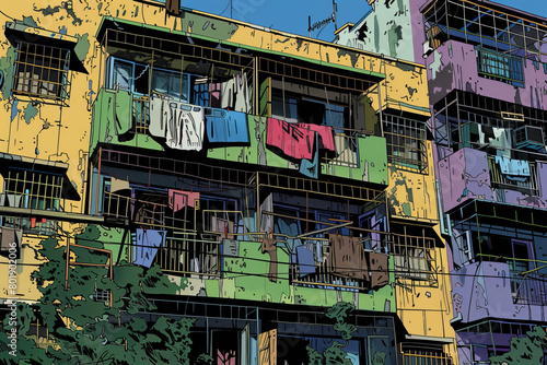 Colorful urban facade with hanging laundry and vivid art