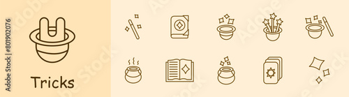 Focus set icon. Rabbit ears in hat, magic wand, grimoire, witchcraft book, sparks, stars, enchantment, theurgy, cards, scintilla, bottle. Magic concept.
