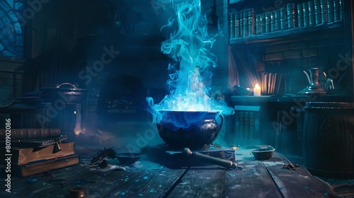 Witch's lair with bubbling cauldron and magical books in a dark, misty room. photo